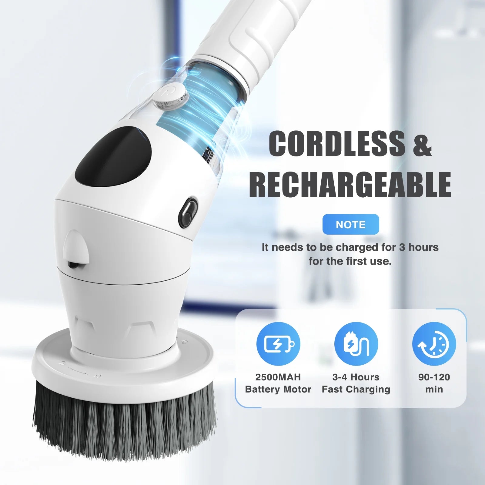 3 Speeds Electric Spin Scrubber, Cordless Cleaning Brush with 7 Replaceable Brush Heads, 360 Power Scrubber with Adjustable & Detachable Handle for Bathroom Kitchen Tub Floor Tile, White