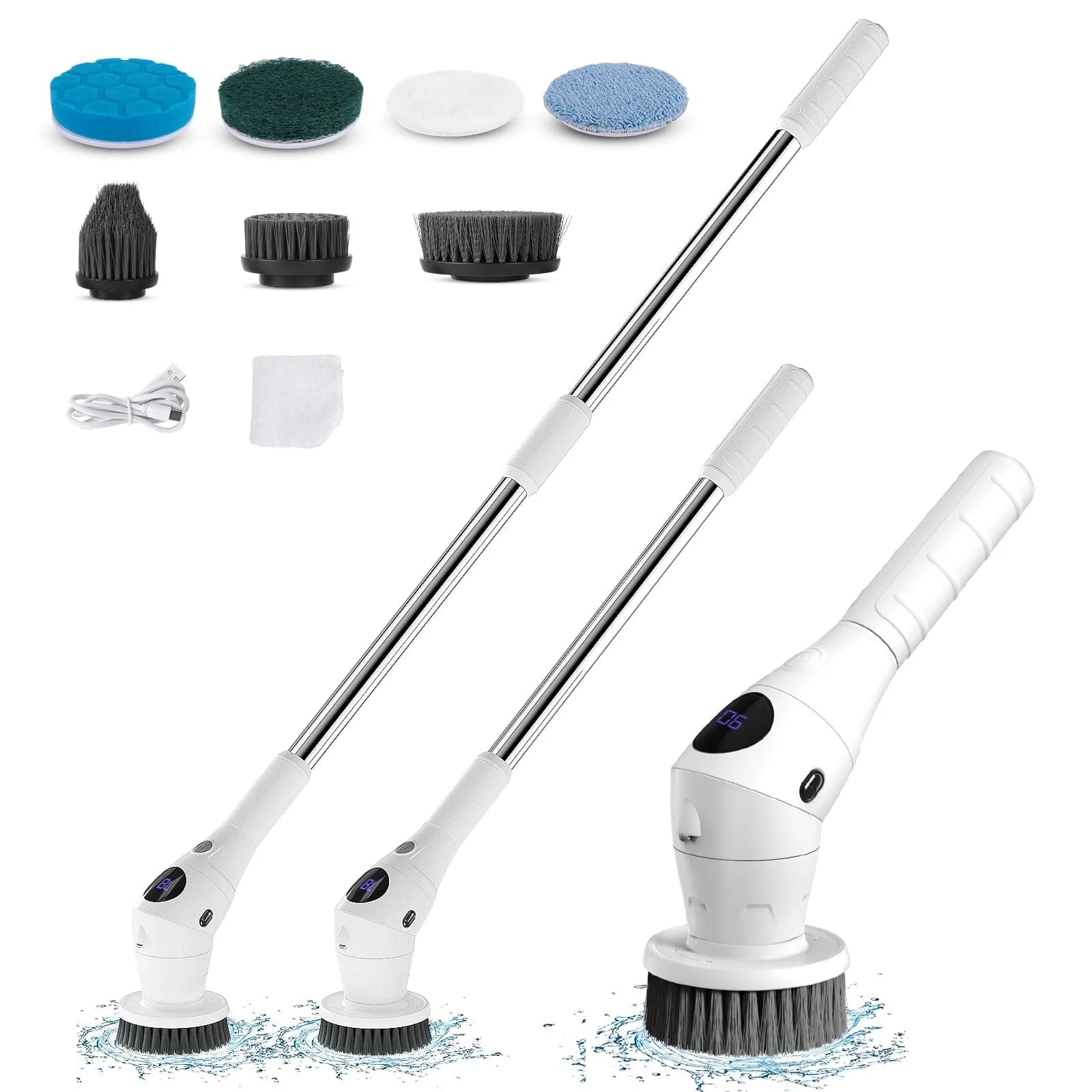 3 Speeds Electric Spin Scrubber, Cordless Cleaning Brush with 7 Replaceable Brush Heads, 360 Power Scrubber with Adjustable & Detachable Handle for Bathroom Kitchen Tub Floor Tile, White