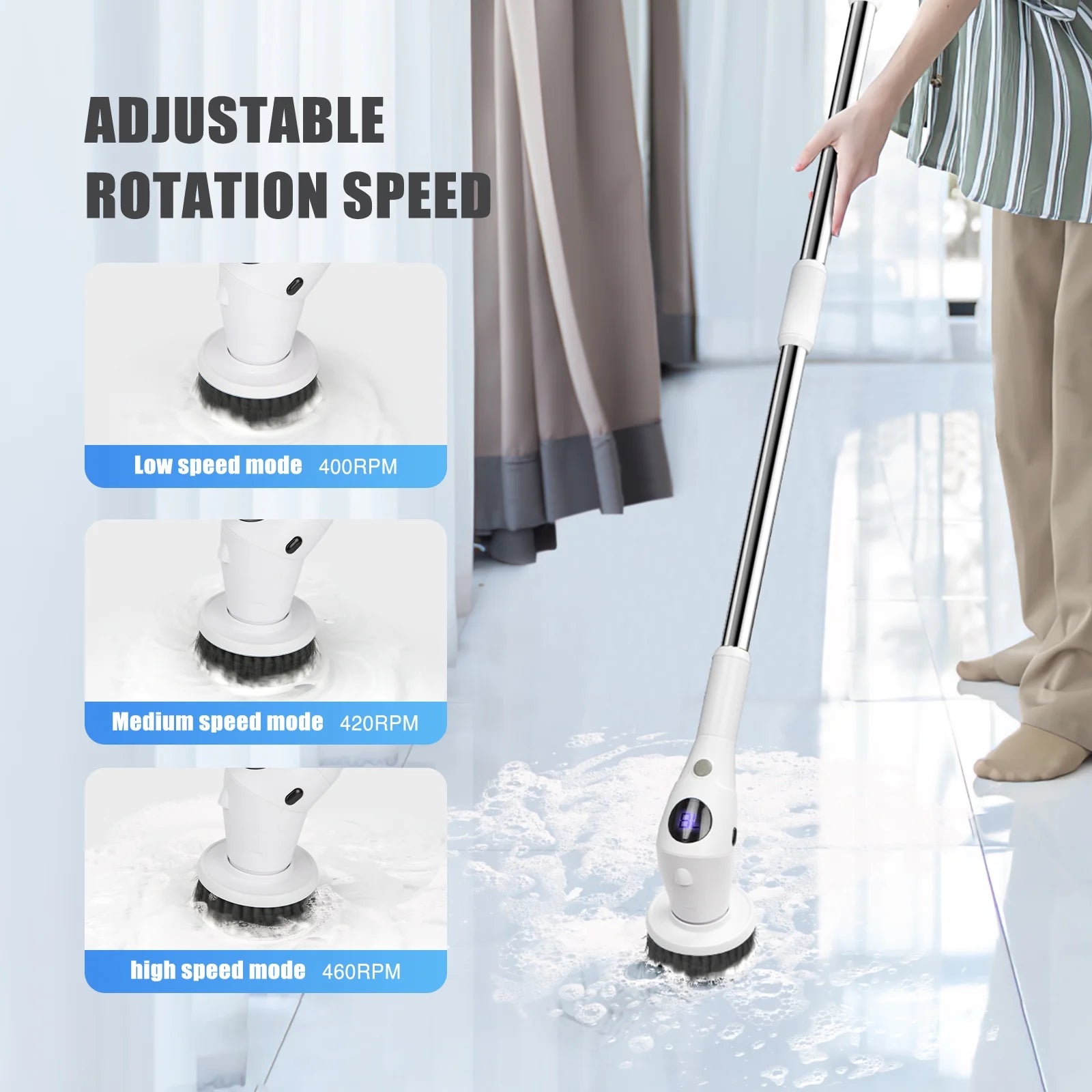 3 Speeds Electric Spin Scrubber, Cordless Cleaning Brush with 7 Replaceable Brush Heads, 360 Power Scrubber with Adjustable & Detachable Handle for Bathroom Kitchen Tub Floor Tile, White