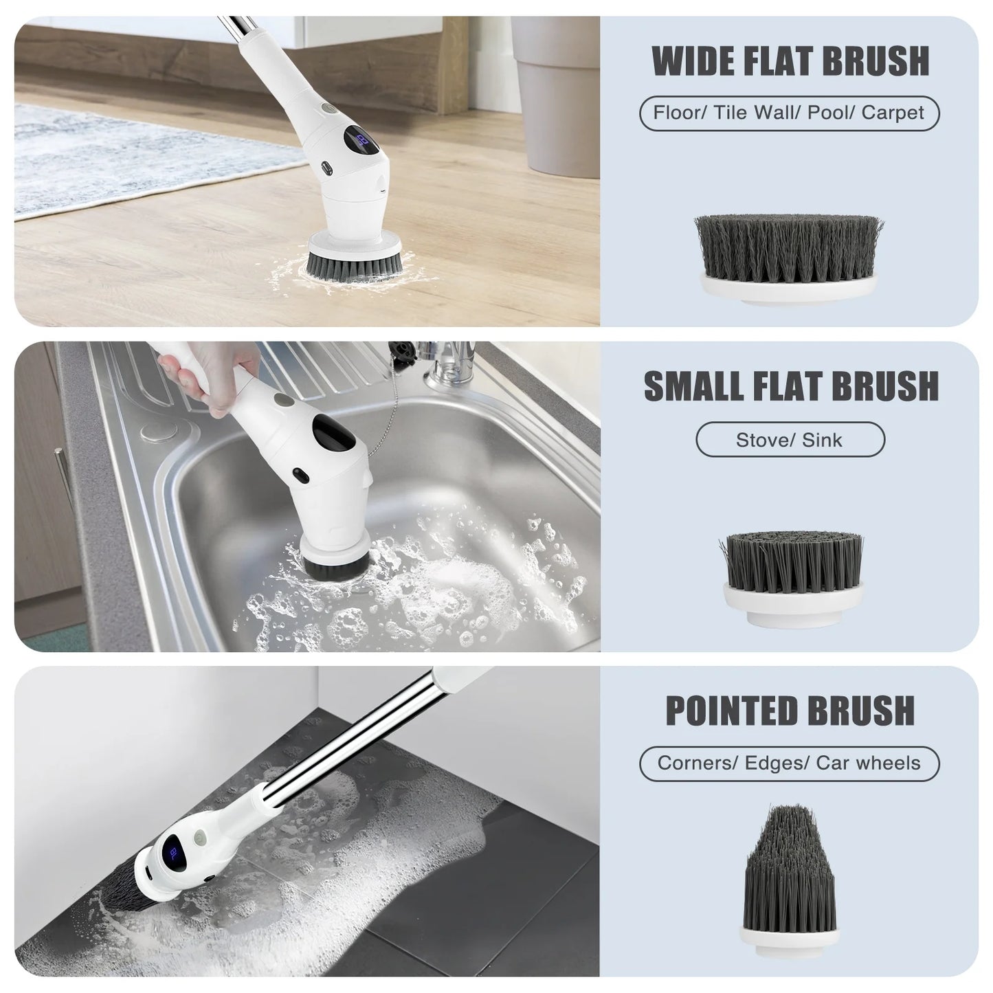 3 Speeds Electric Spin Scrubber, Cordless Cleaning Brush with 7 Replaceable Brush Heads, 360 Power Scrubber with Adjustable & Detachable Handle for Bathroom Kitchen Tub Floor Tile, White